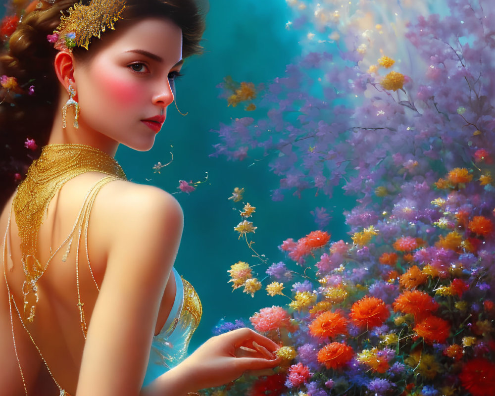 Woman with Gold Hair Accessory Poses Among Luminous Flowers