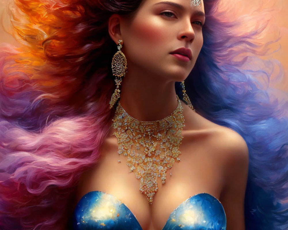 Multicolored hair woman adorned with gold jewelry.