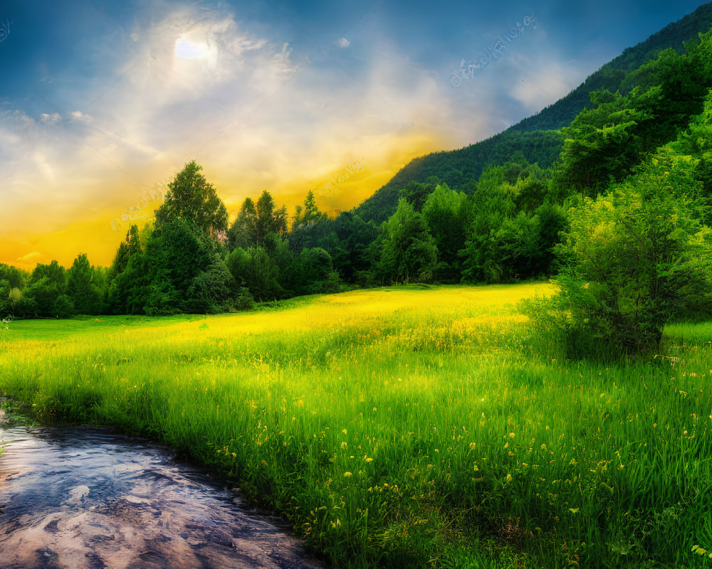 Scenic green meadow with wildflowers, stream, forested hills, and sunset sky