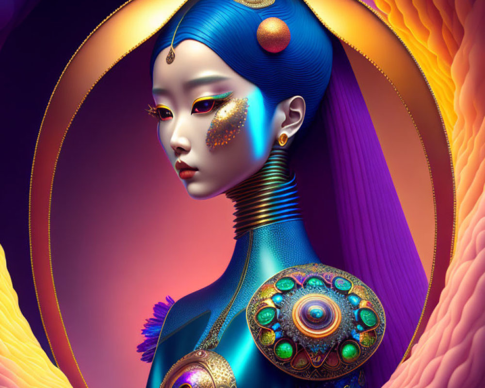 Vibrant digital artwork of female figure with blue skin and gold accents