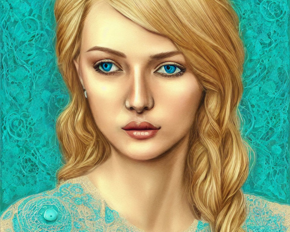 Digital portrait: Woman with blue eyes, blonde braid, lace turquoise top