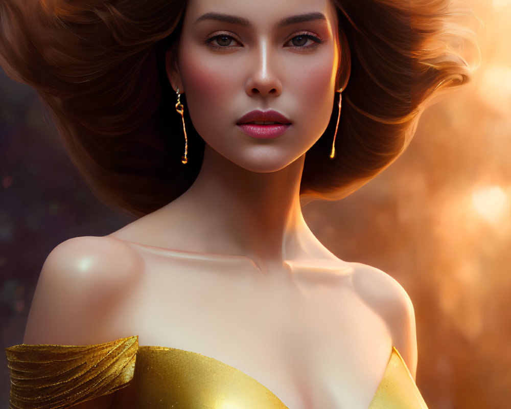 Digital portrait of woman with flowing hair, golden dress, subtle earrings