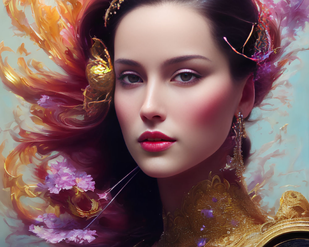 Striking woman with golden accents and floral elements on soft background