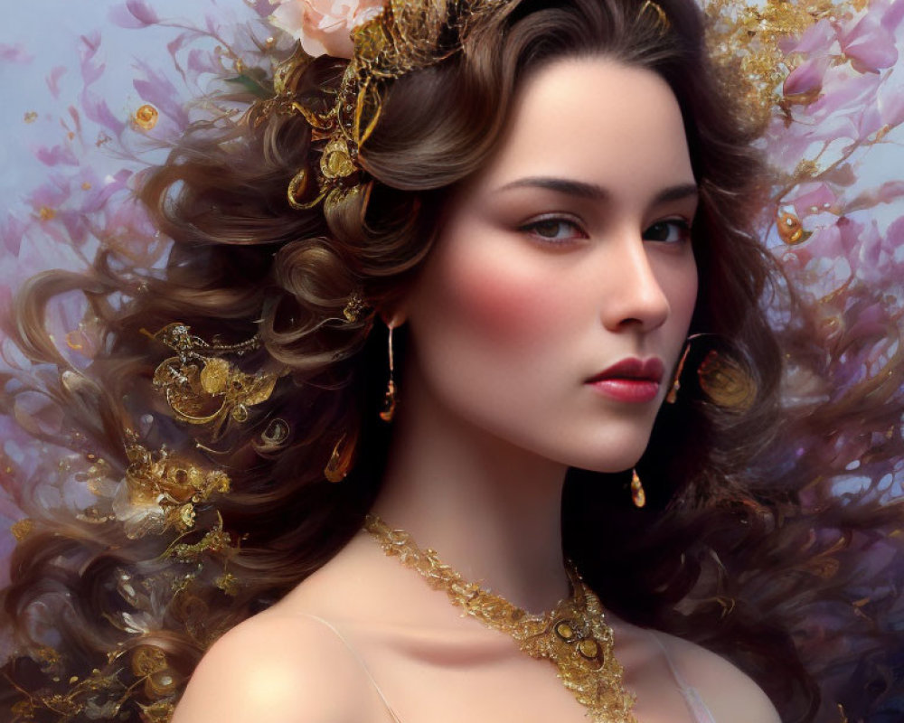 Regal woman portrait with flowing hair and gold floral accessories