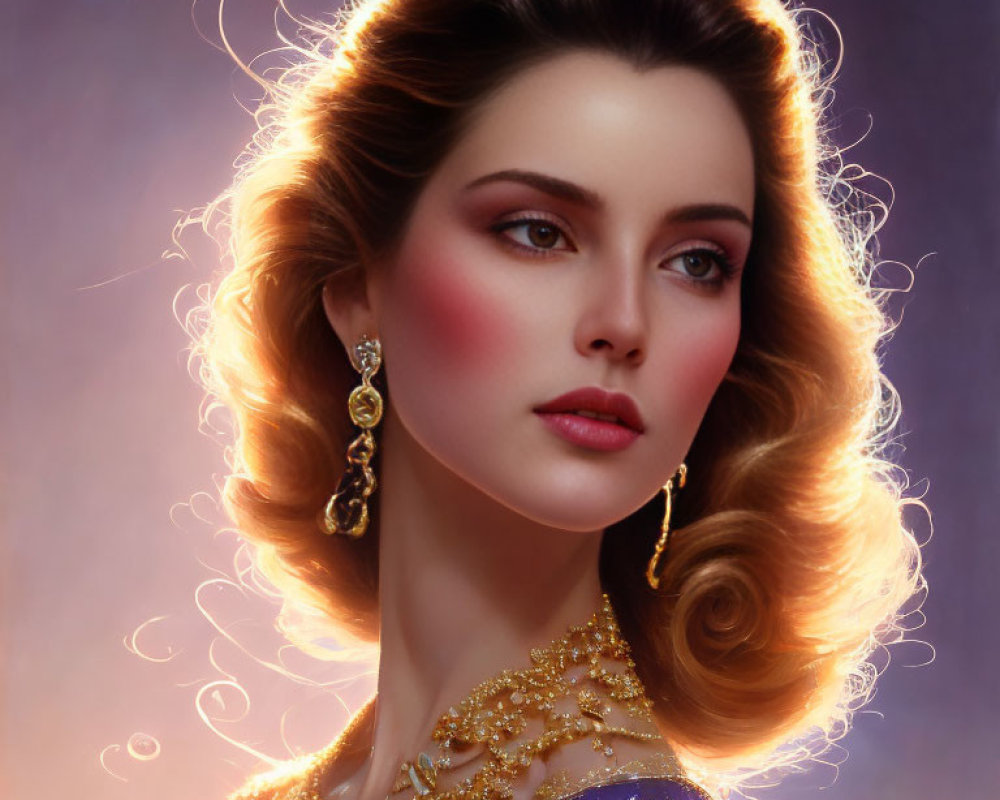 Elegant woman digital portrait with golden jewelry on purple background