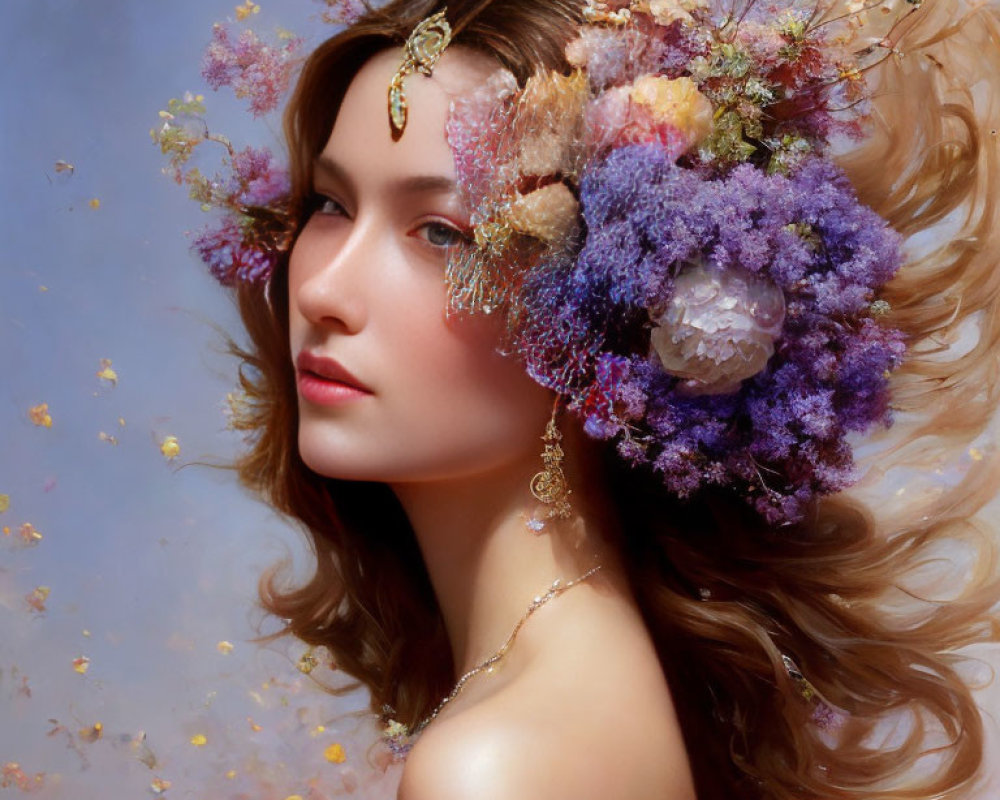 Fantastical painting of woman with floral headpiece