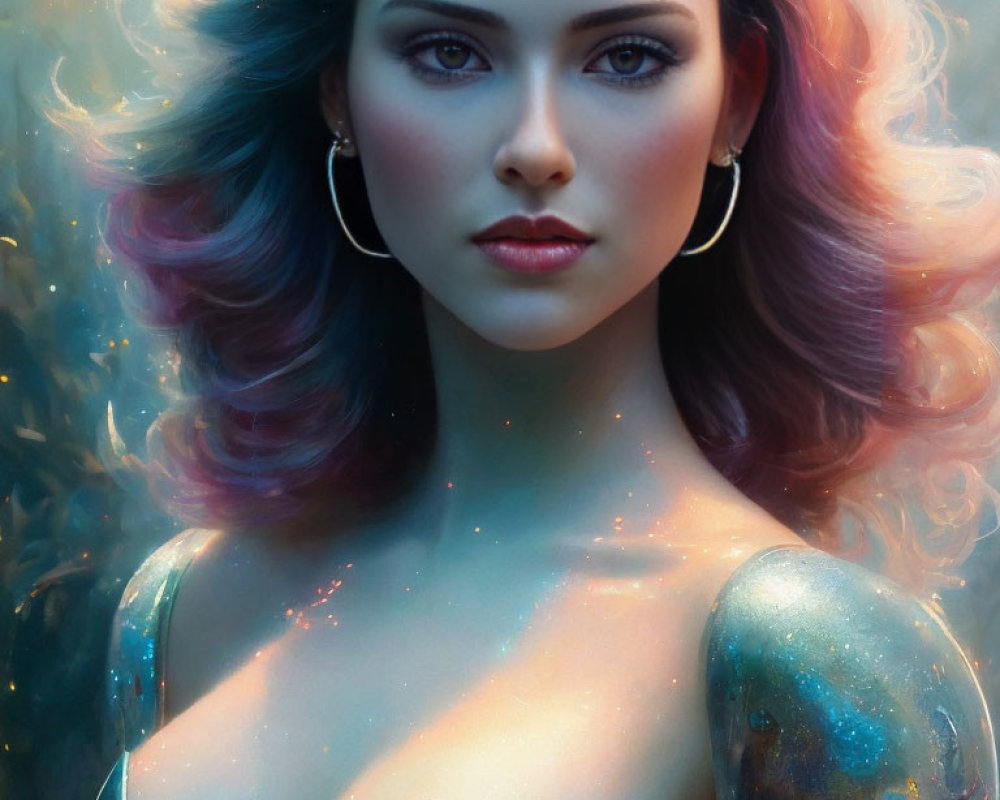 Colorful Woman Portrait with Cosmic Hair and Starry Skin Texture