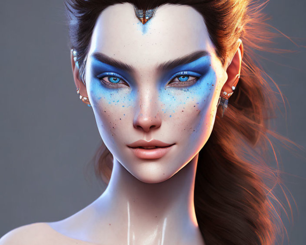 Digital portrait of female with vibrant blue eyes, blue eyeshadow, freckles, and brown