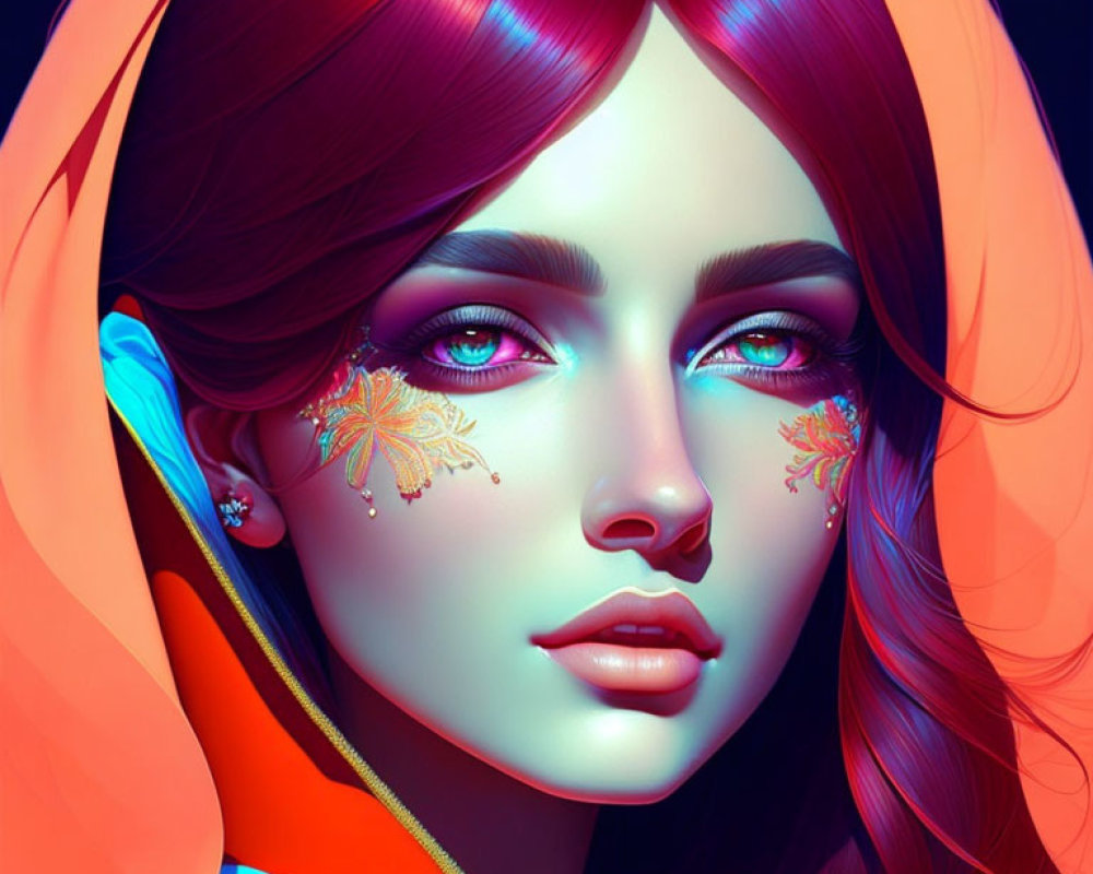 Vibrant digital portrait of woman with red hair and floral face paint