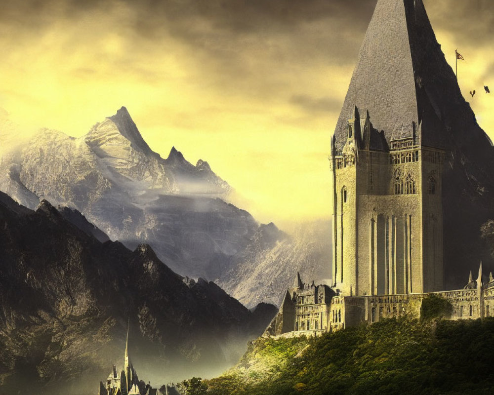 Majestic castle with tall spire in rugged mountain setting