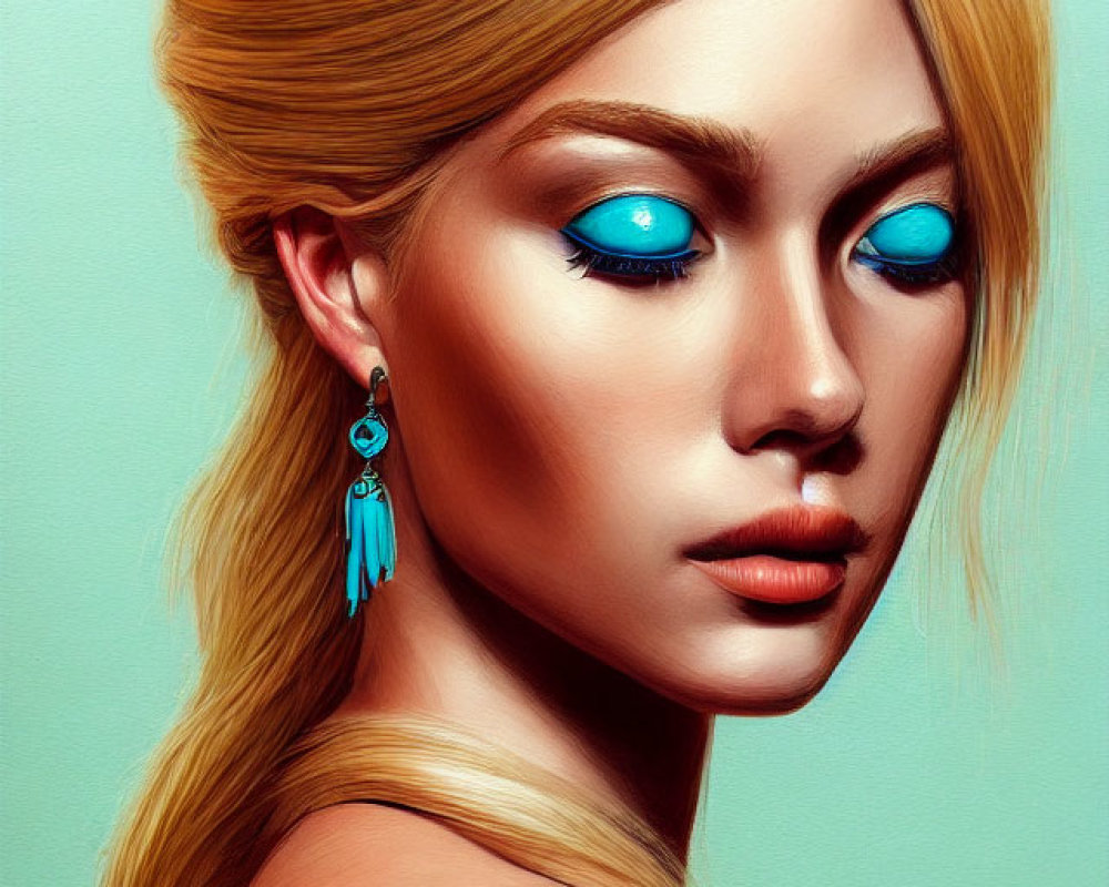 Blonde woman with blue eyes and teal earrings on turquoise backdrop