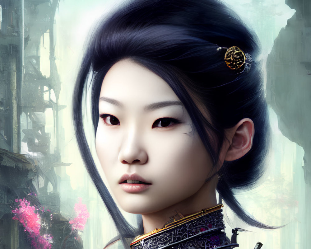 Digital portrait of Asian woman in traditional attire with ornate hairstyle on misty backdrop