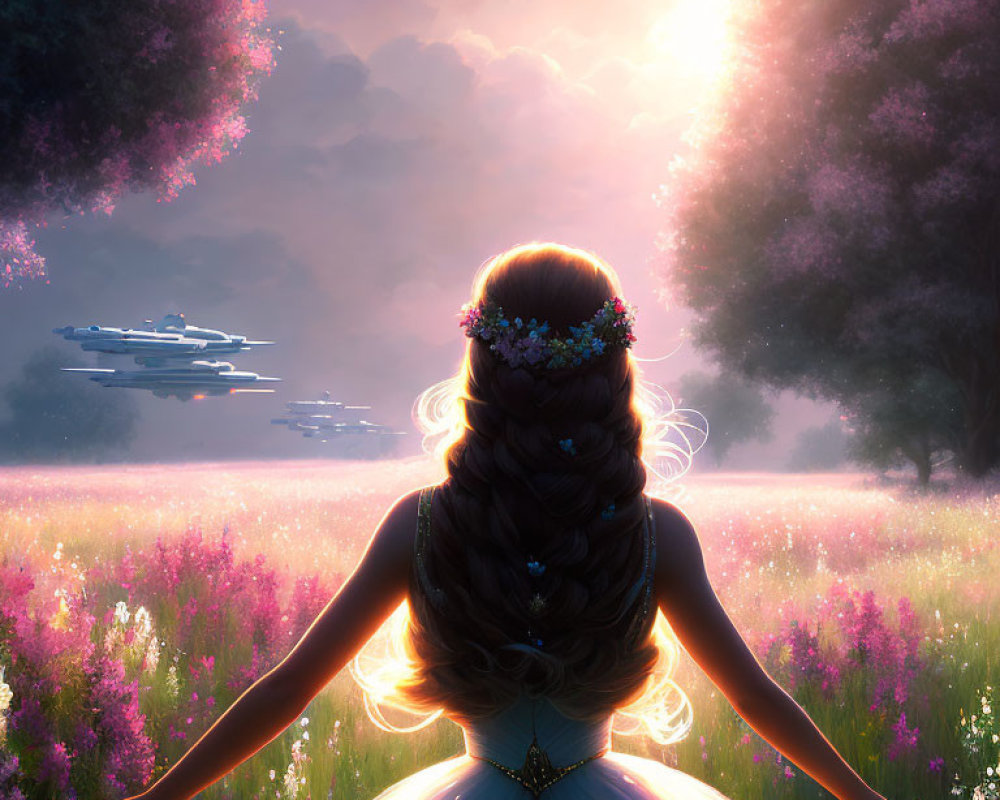 Woman in Gown Contemplates Sunlit Meadow with Futuristic Ships