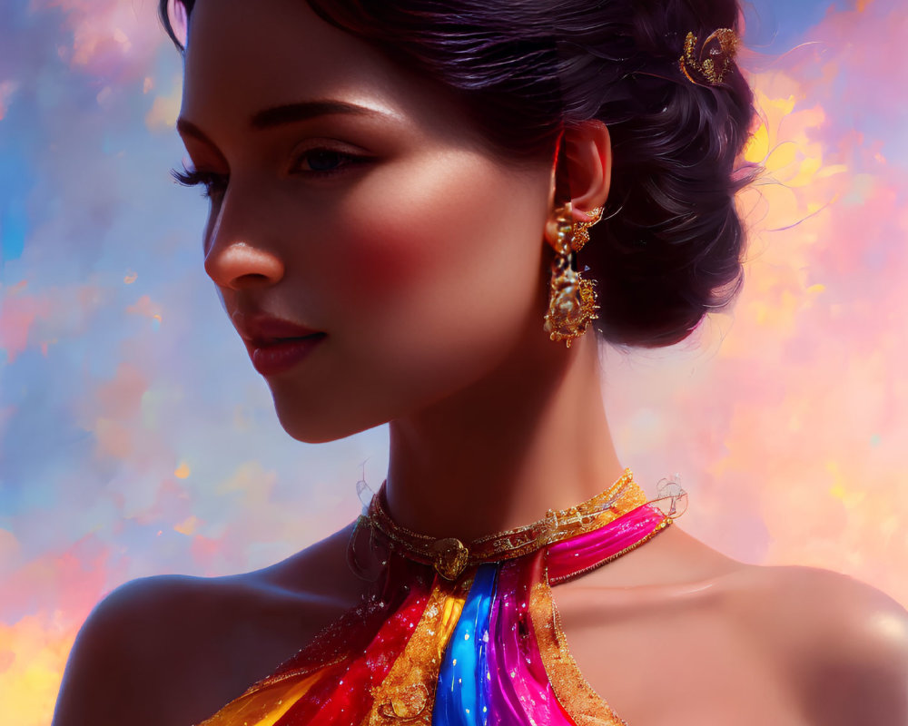 Woman in Colorful Dress with Elegant Earrings on Vibrant Background