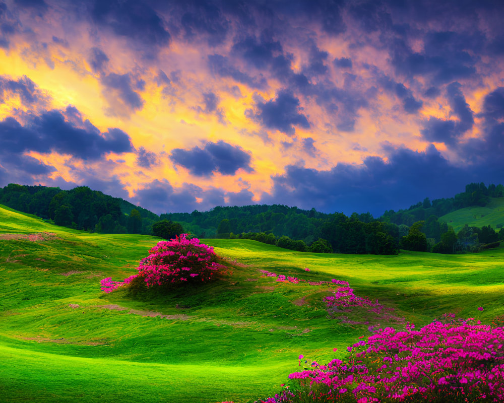 Scenic sunset landscape with green hills and colorful flowers under dramatic sky