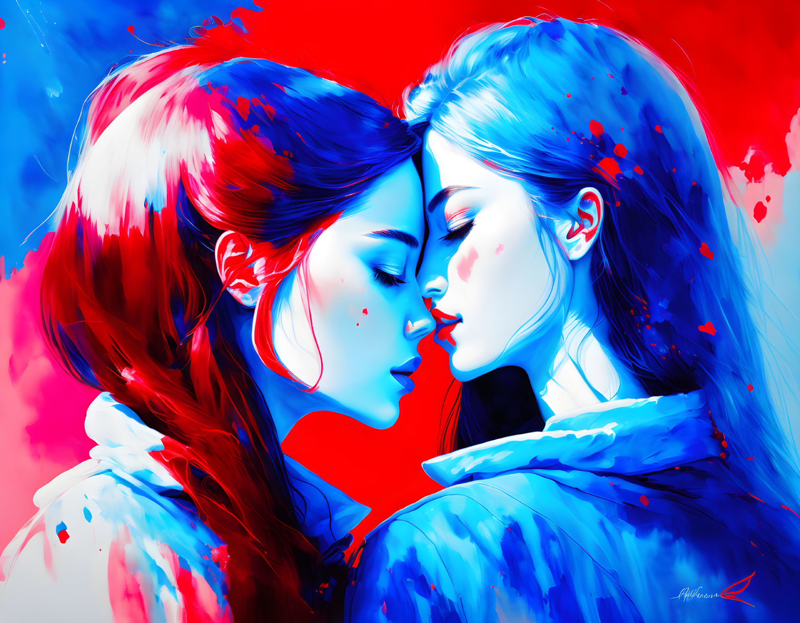 Abstract art: Two women in blue and red themes with paint splash background