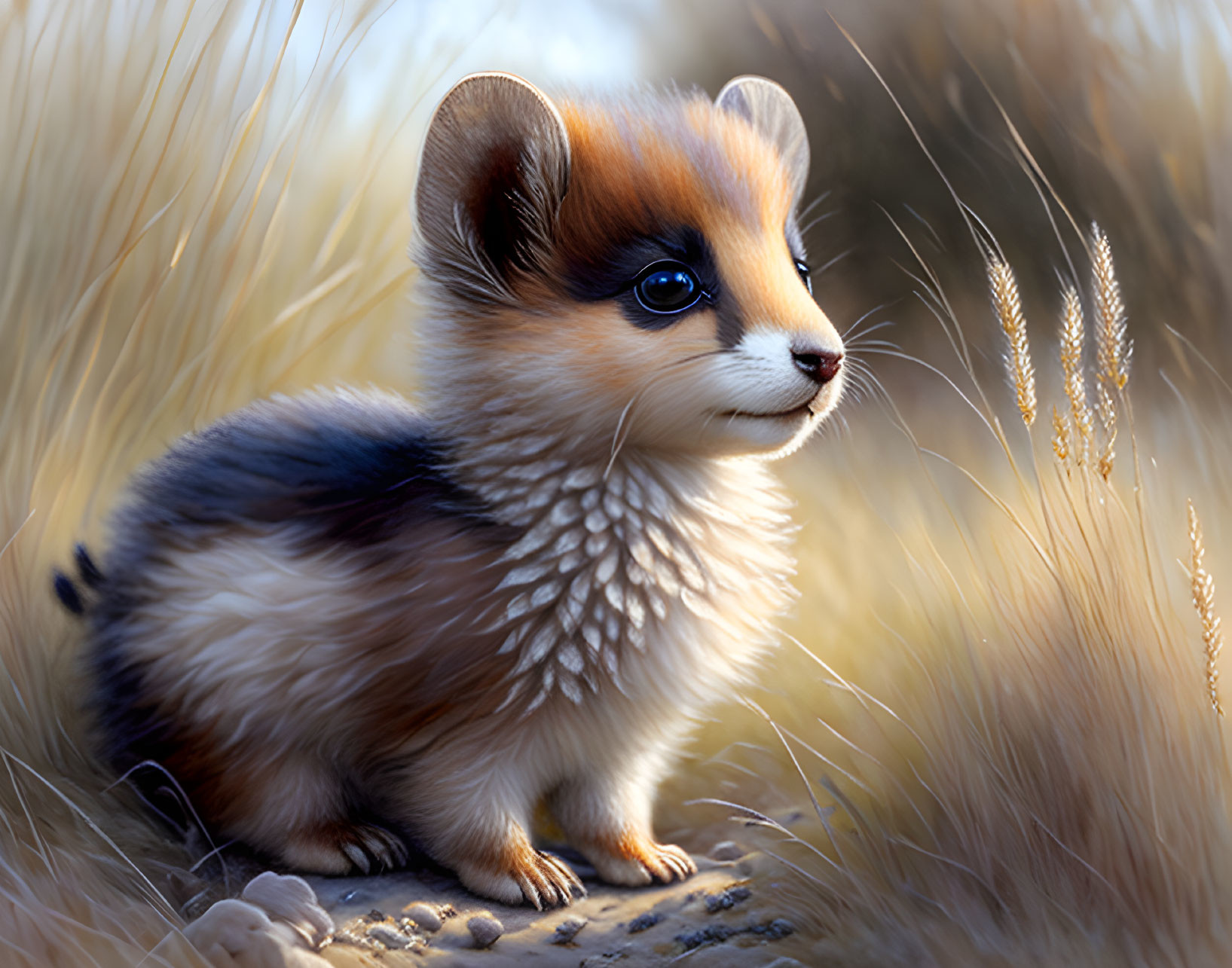 Fluffy corgi-like creature with blue eyes in golden grasses