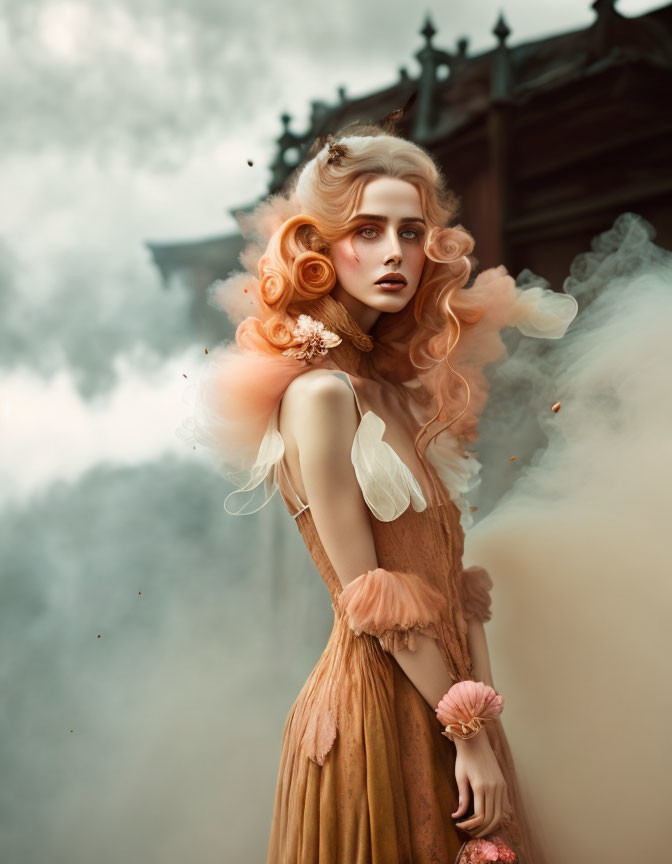 Ethereal woman in peach dress with curly hair in misty vintage setting