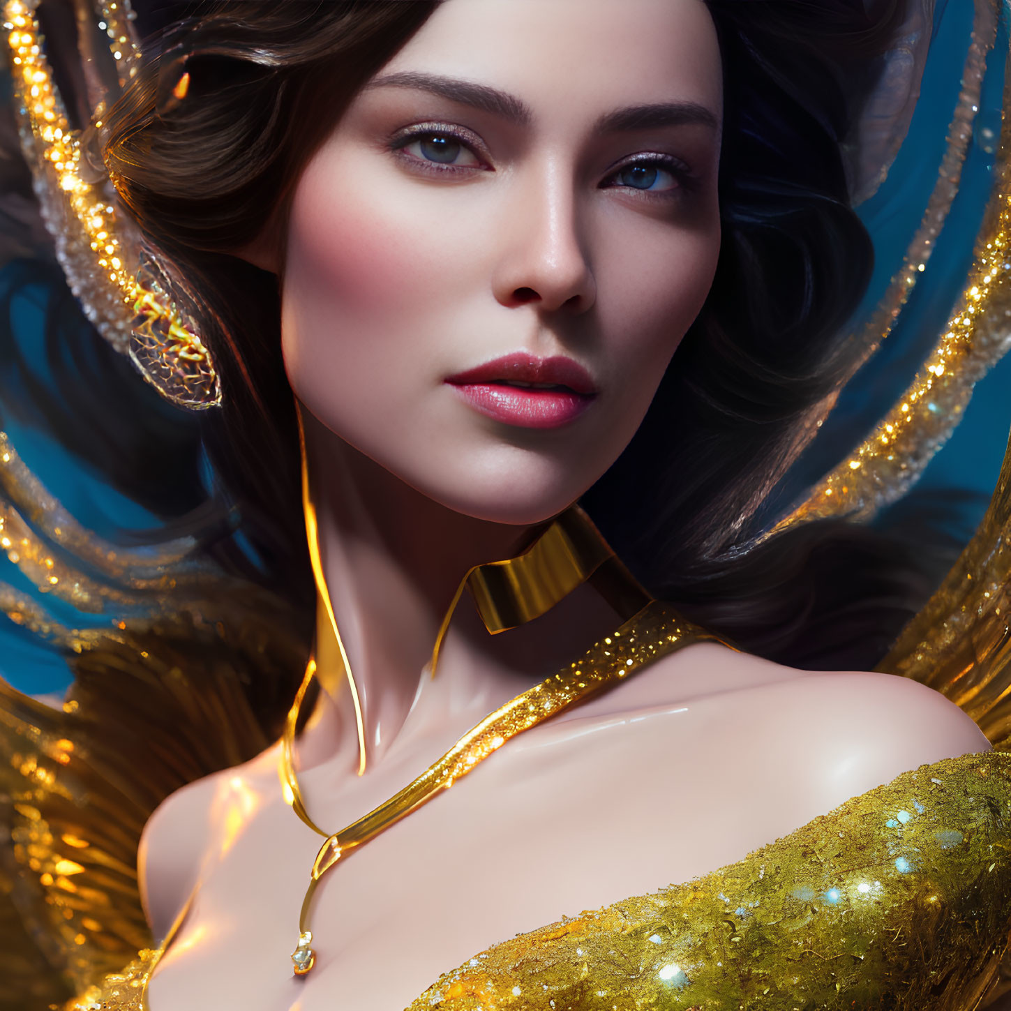Digital artwork: Woman adorned with golden jewelry, surrounded by shimmering feather-like elements on blue background