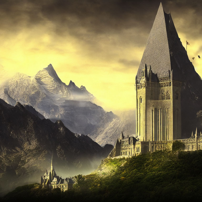 Majestic castle with tall spire in rugged mountain setting