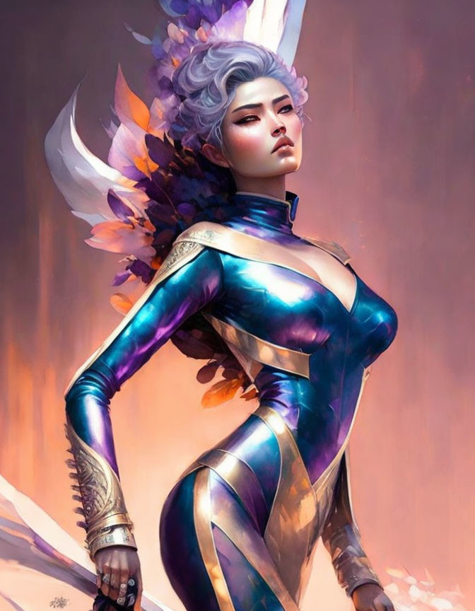 Futuristic female figure in silver hair, blue and gold bodysuit, white winged helmet