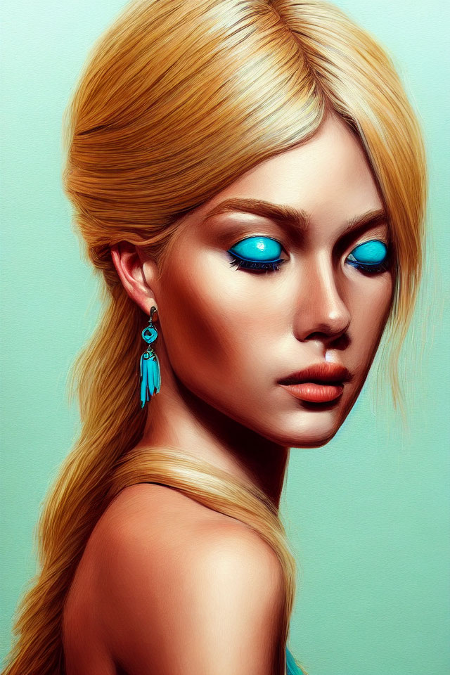 Blonde woman with blue eyes and teal earrings on turquoise backdrop