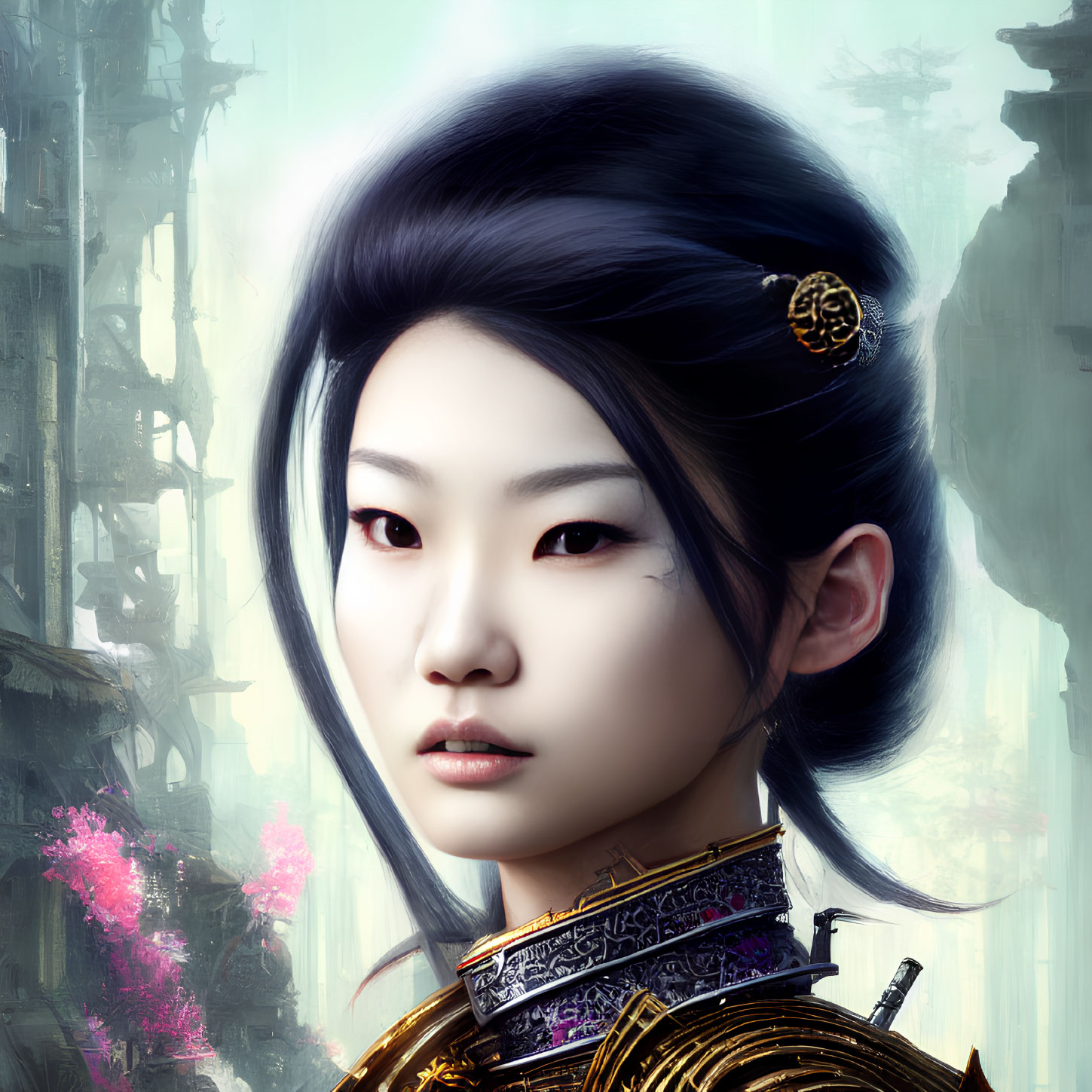 Digital portrait of Asian woman in traditional attire with ornate hairstyle on misty backdrop