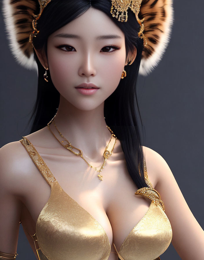 Digital artwork: Asian woman in gold jewelry and feline ears dress