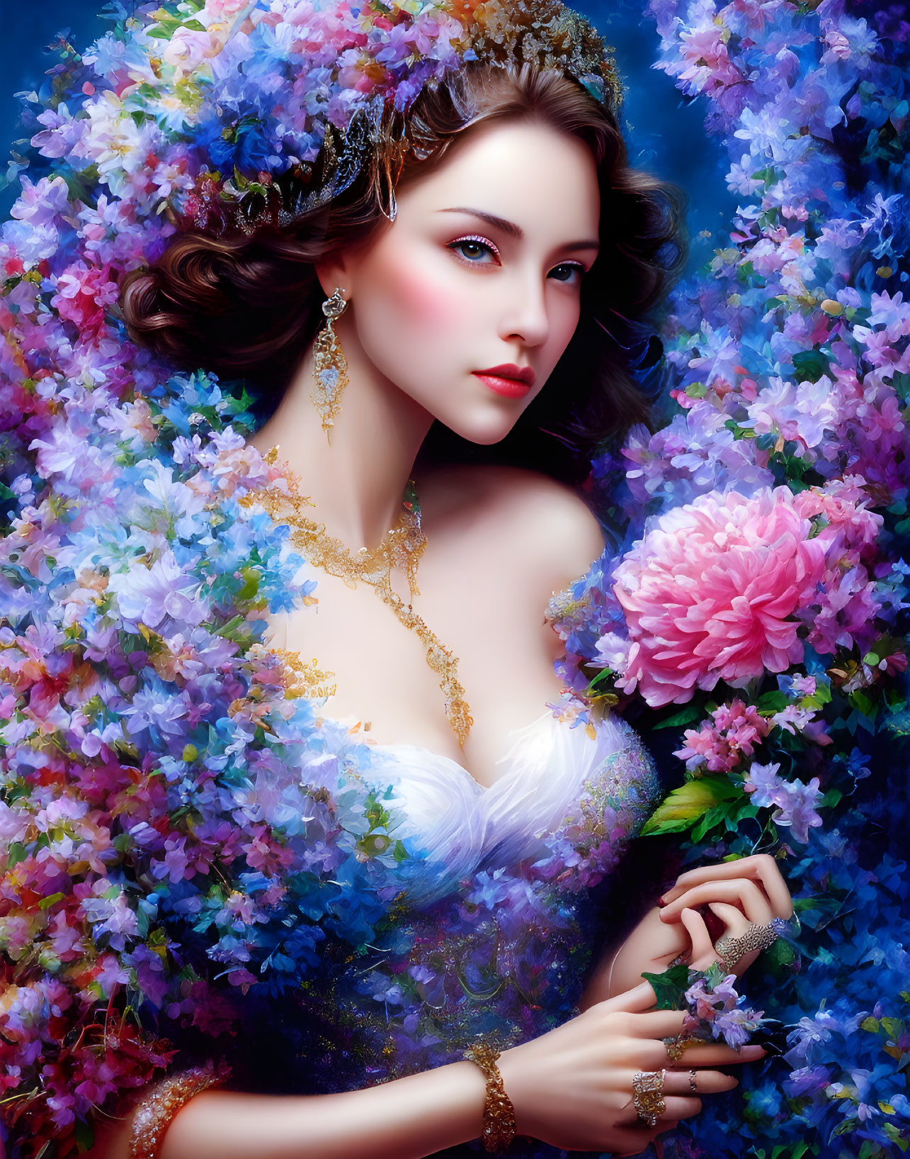 Portrait of woman adorned with intricate jewelry among vibrant multicolored flowers