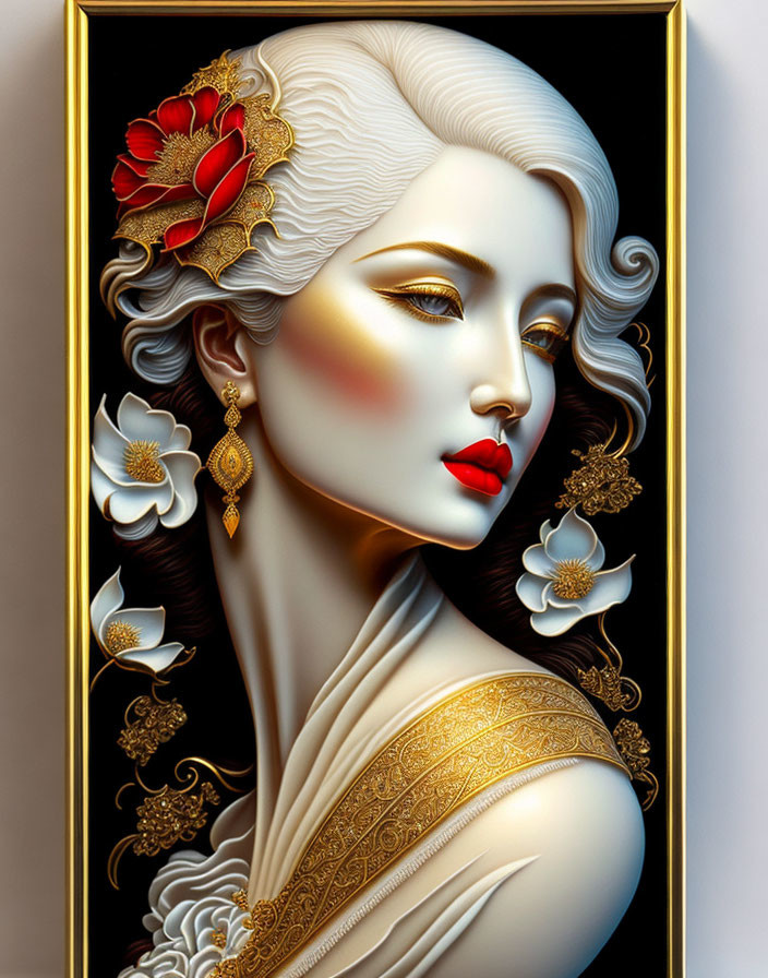 Stylized digital portrait of woman with ivory skin, golden jewelry, red flower in hair