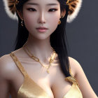 Woman with Blue-Black Hair in Fantasy Golden Attire