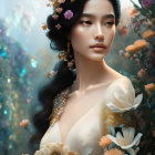 Ethereal woman with elegant hair accessories in floral outfit