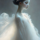 Ethereal woman with intricate white hair and glowing garment