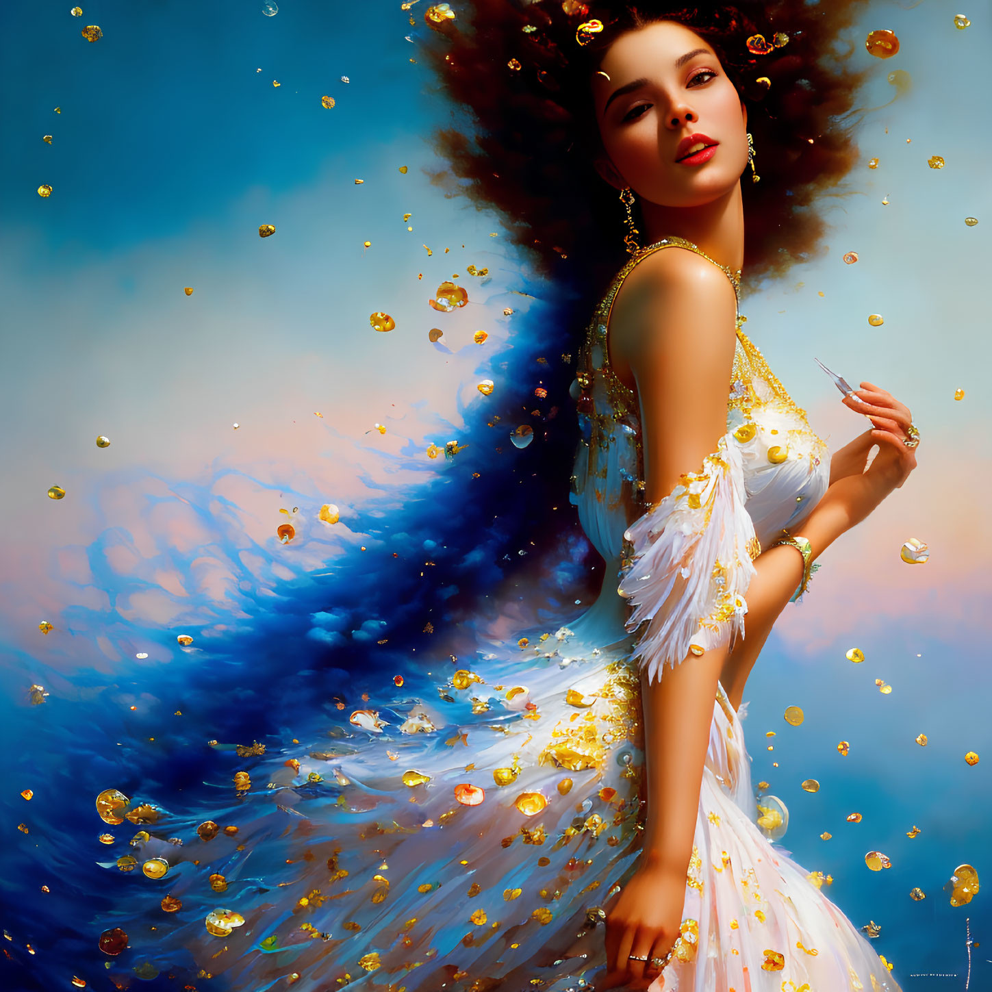 Digital artwork of woman in white and blue dress with gold accents and floating gold coins