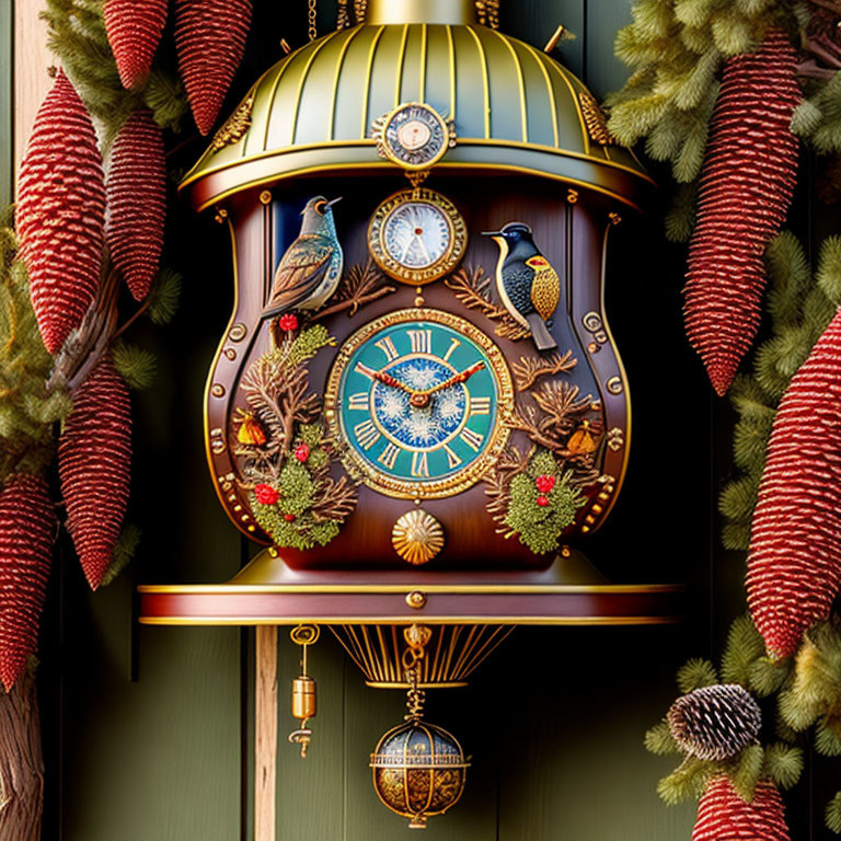 Festive ornate cuckoo clock with birds on pine branch background