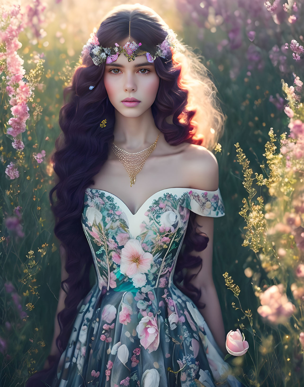 Digital artwork: Woman with long purple hair and floral tiara in flower-patterned dress in blooming