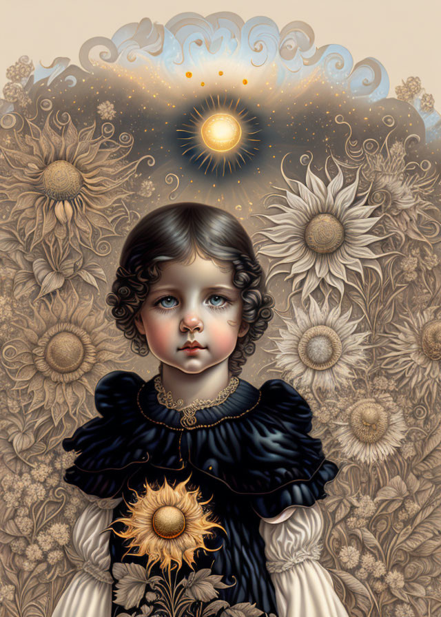 Illustration: Young child with blue eyes in vintage dress amid sunflowers and celestial motifs