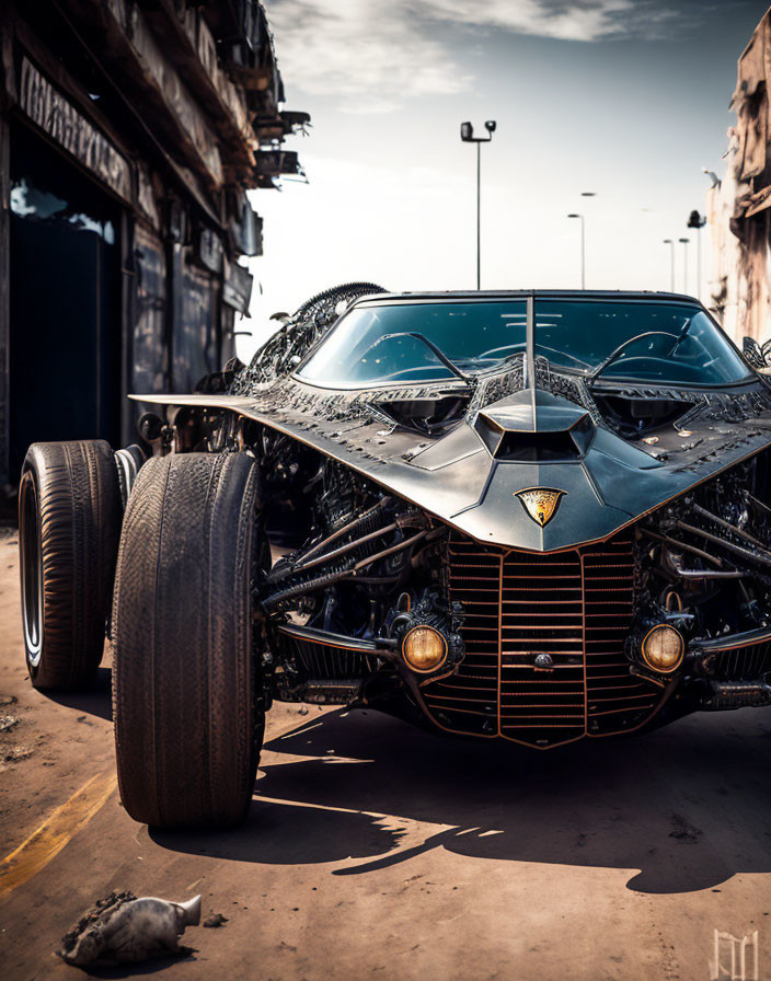 Sleek Black Sports Car with Unique Front Grille and Protruding Wheels