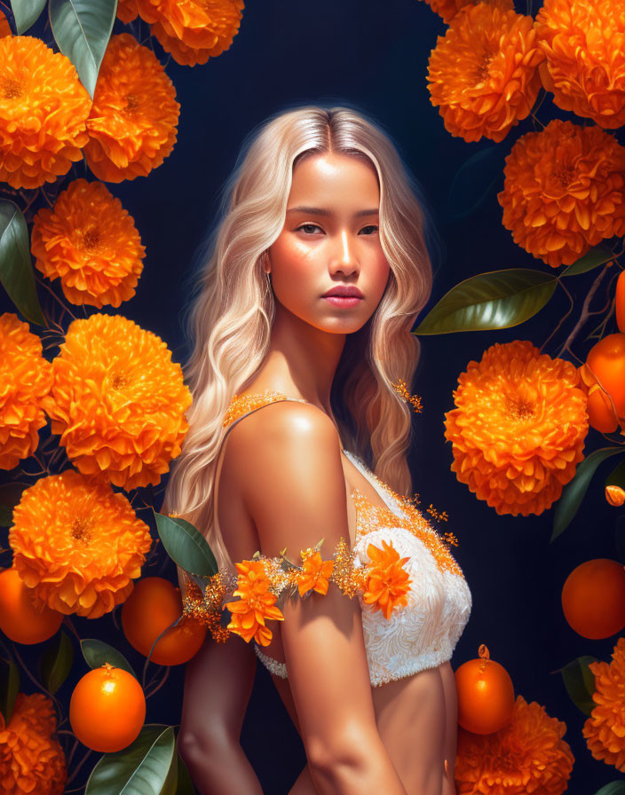 Blonde woman with orange flowers and fruits on dark background