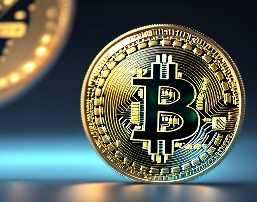 Golden Bitcoin coin with blurred background and digital blue glow