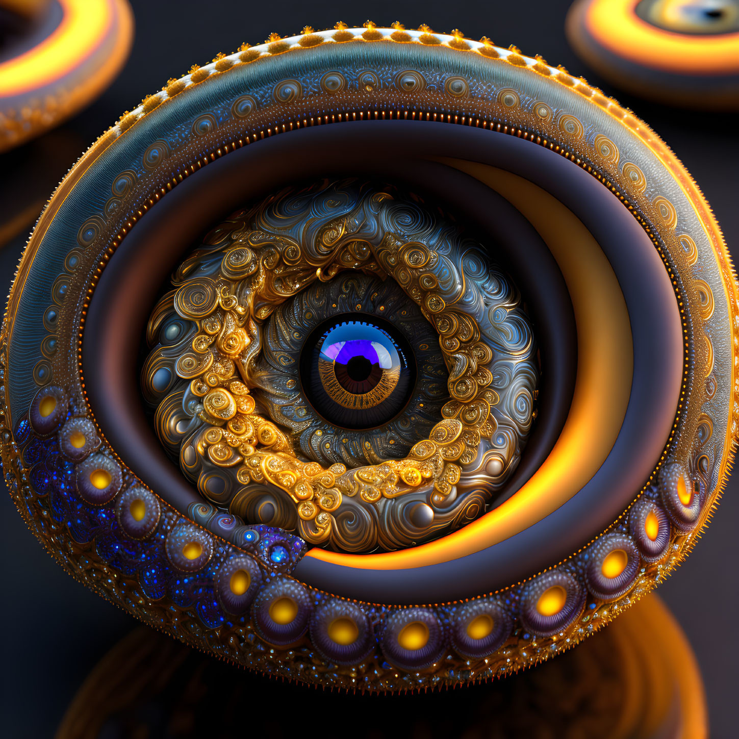 Intricate Golden and Blue Fractal Eye on Dark Background