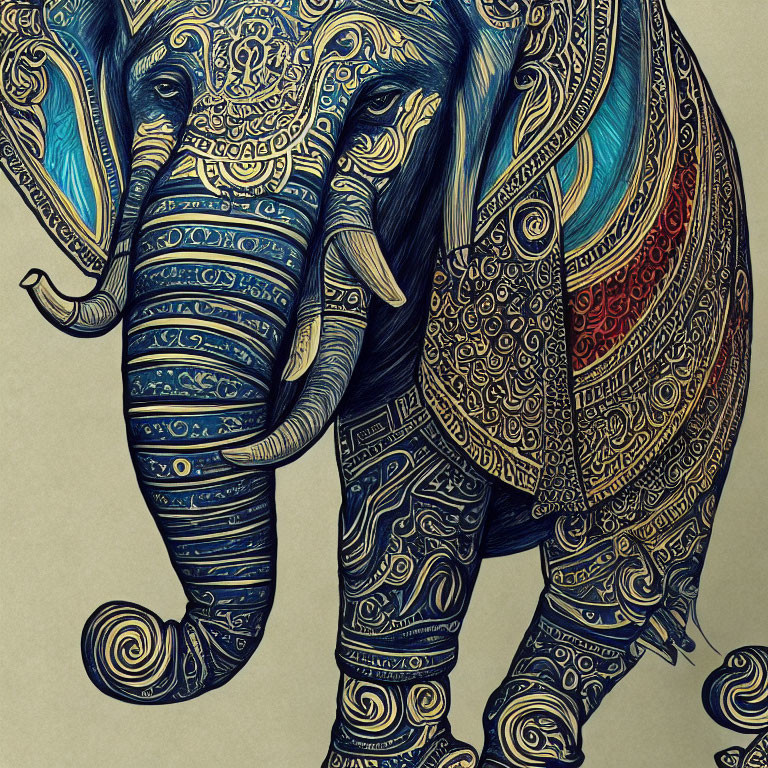 Colorful Elephant Illustration with Intricate Blue and Orange Patterns