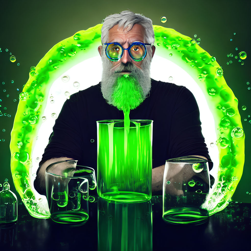 Bearded man with glasses pouring green liquid into cup on glowing green background