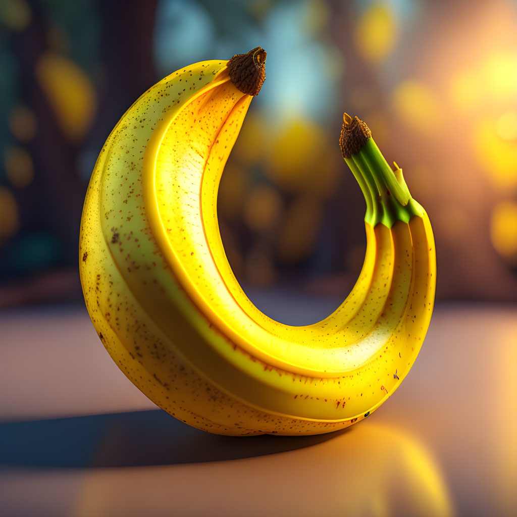 Ripe bananas in heart shape with warm bokeh background.