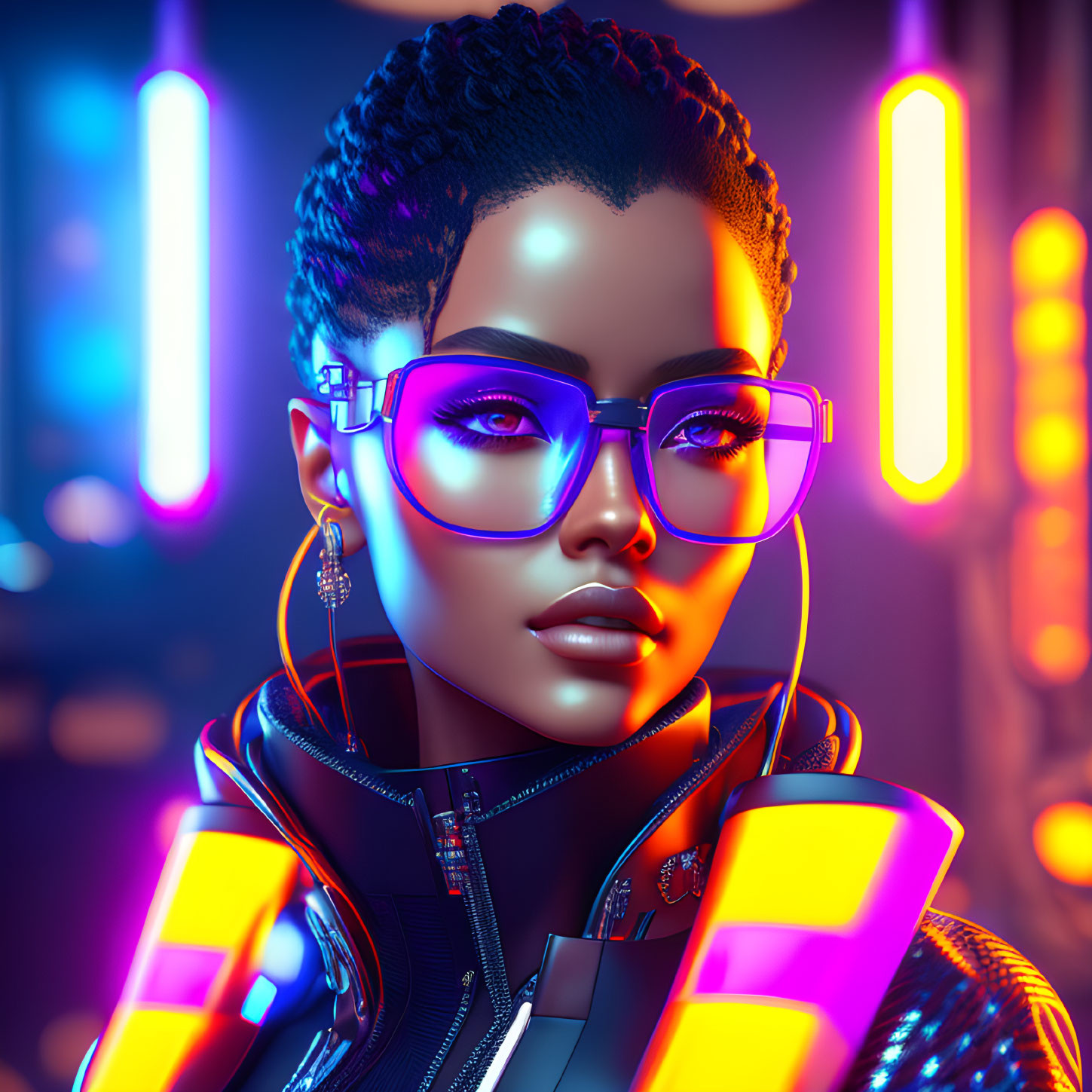 Digital artwork: Woman with braids, glasses, and earrings under vibrant neon lights