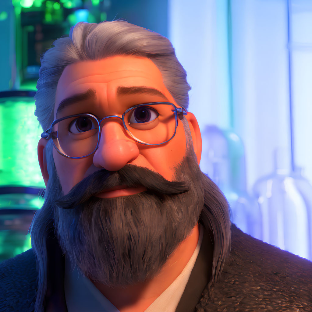 3D animated character with gray beard and orange glasses