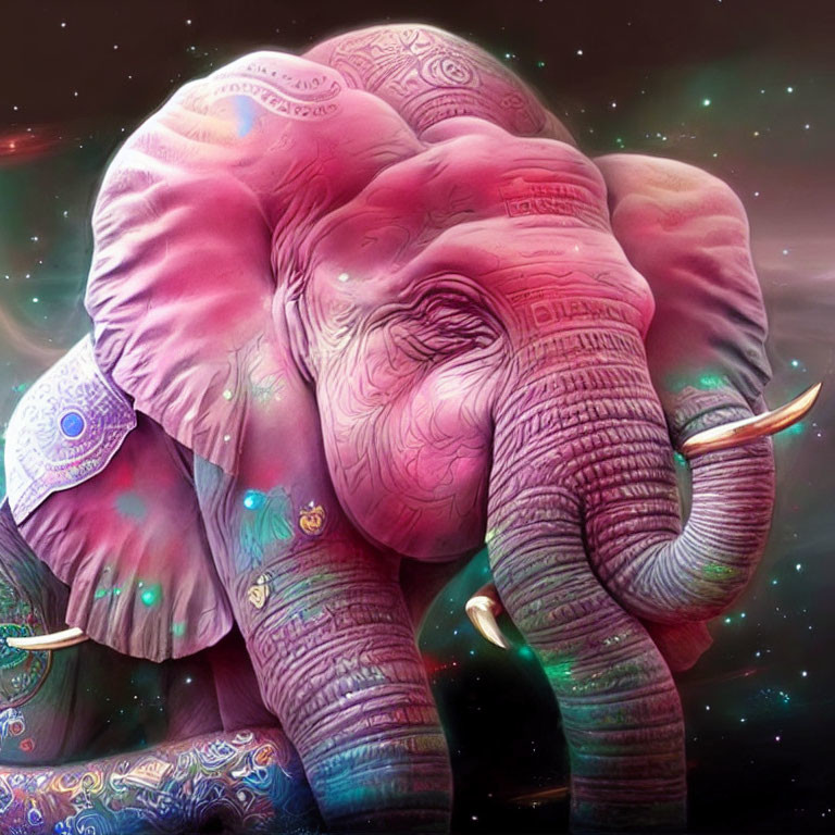 Vibrant psychedelic elephant art with intricate patterns on cosmic background