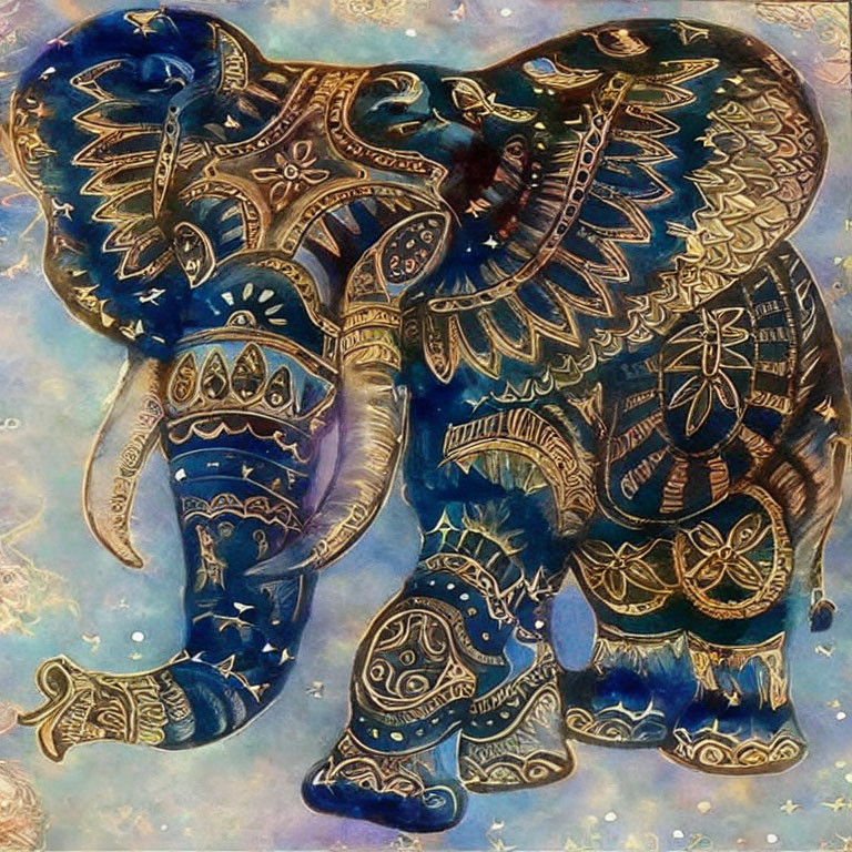 Ornate Elephant with Gold Patterns on Blue and Golden Background