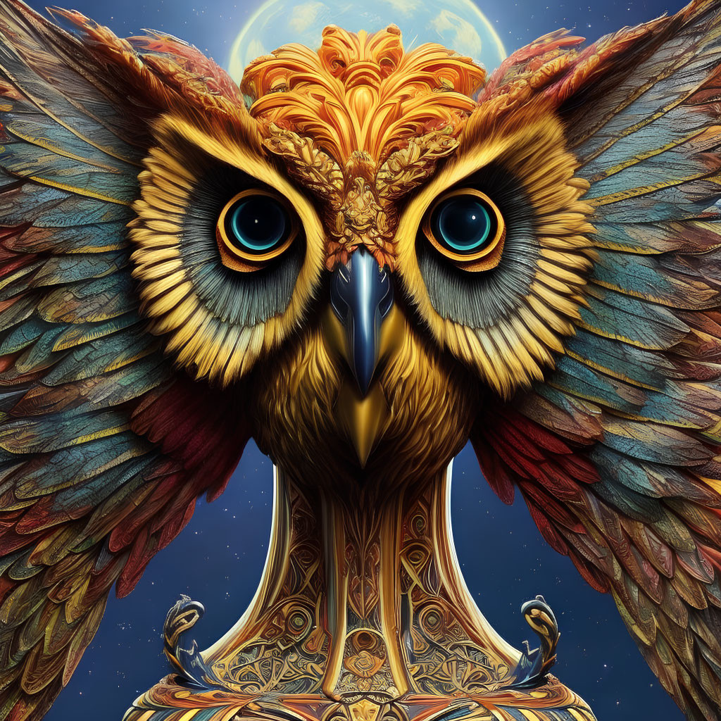 Detailed owl illustration with ornate feathers and blue eyes in moonlit sky