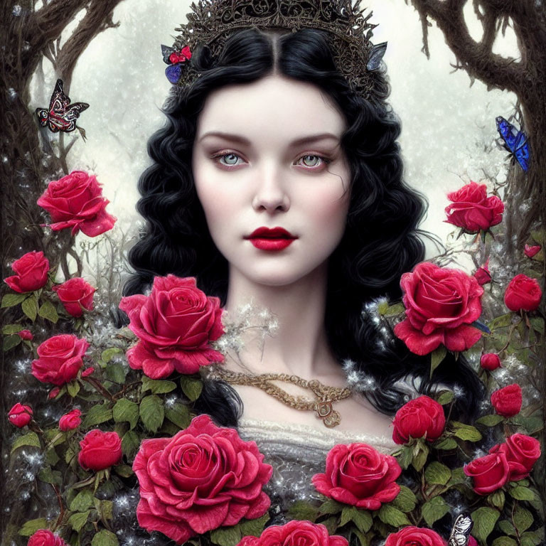 Digital Artwork: Woman with Pale Skin, Dark Hair, Red Lips, Roses, Butterflies,